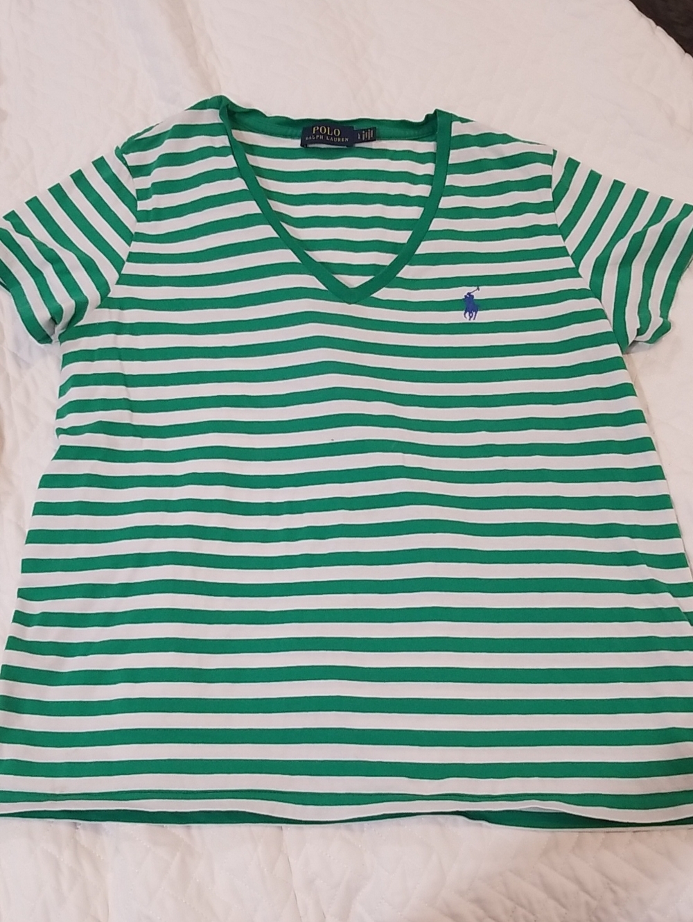 Ralph Lauren Green & White Striped V-Neck Shirt